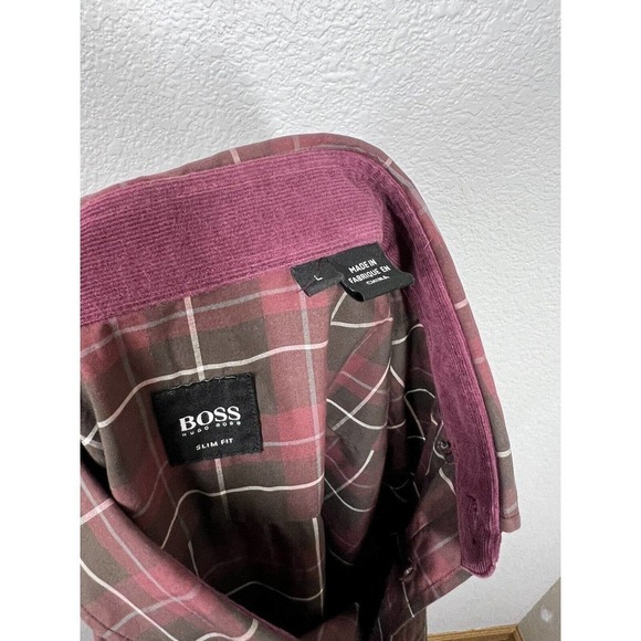 BOSS Hugo Boss Mens Plaid Button Down Shirt Large L Sven Elbow Corduroy Patch - Picture 4 of 6